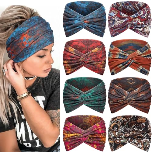 Awumbuk Wide Headbands for Women, 7.08 Inch Thick Boho Turban Style Hair Wraps, Non-Slip Moisture-Wicking Workout Headband for Sports, Yoga, Daily Fashion, 8 Pack Multi Colors (black) - color: black