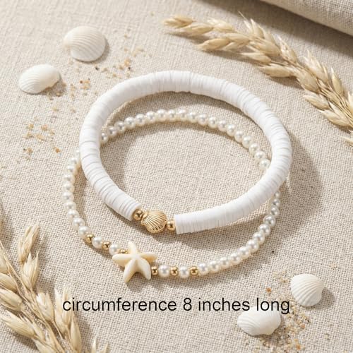 Boho Beads Beach Layered Anklet Set for Women, Handmade Gold Starfish Pearl Shell Anklets Summer Ocean Accessories Jewelry Gift - color: White