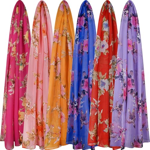 6 Pieces Scarves for Women Ladies Lightweight Silk Gorgeous Floral Pattern Lotus Print Chiffon Scarves - color: Multi Plant