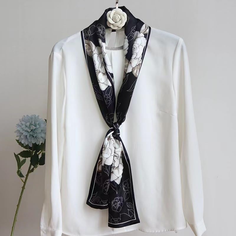 ANDANTINO 100% Silk Scarf for Women 59”*6.3” Long Shawls for Headscarf and Neck- Oblong Hair Wraps with Gift Packed - color: Black&white Camellia Flowers
