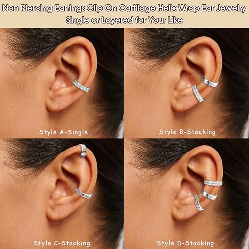 LOYALLOOK Ear Cuff Earrings for Women 14K Gold Plated Ear Cuffs Non Piercing Clip on Cartilage Earring Trendy Fake Earrings Hypoallergenic Huggie Hoop Clip Cuff Earring Lightweight - color: silver-double cz