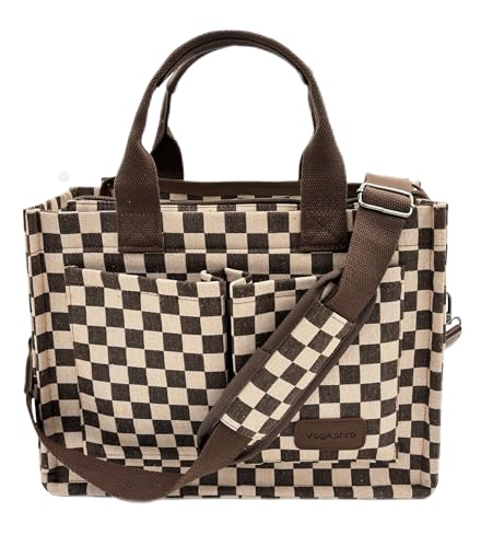 Large Canvas Tote Bag for Women Work Tote Bags with Pockets Laptop Crossbody Purses Everyday Bag Handbags for Travel - color: New Upgrade Plus Brown Checkerboard