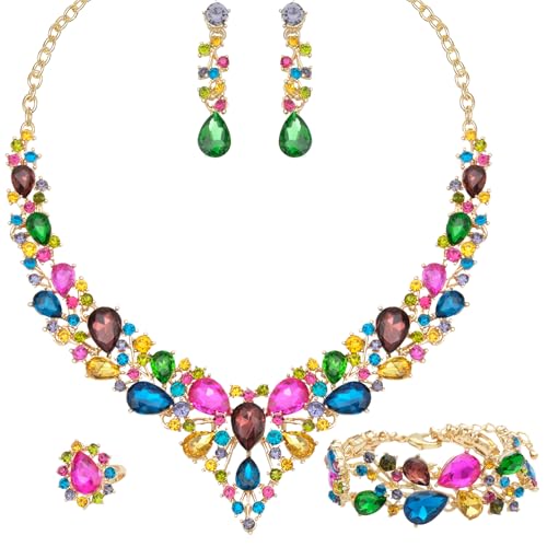 CSY 4 Pcs/Set Austrian Crystal Necklace Earrings Bracelet Ring Bridal Jewelry Sets for Brides Wedding Party Costume Accessories Gifts for Women - color: Multicolour