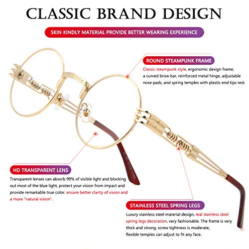 AIEYEZO Round Steampunk Sunglasses for Men Women Retro Circle Hippie Glasses Metal Frame 100% UV Blocking Lens - color: A1 Gold/Transparent