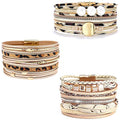 Wowanoo 3Pack Leather Cuff Bracelet Set Multilayer Wrap Bracelet Crystal Feather Tree Bracelet Magnetic Clasp Bracelet for Women - color: Leopard
