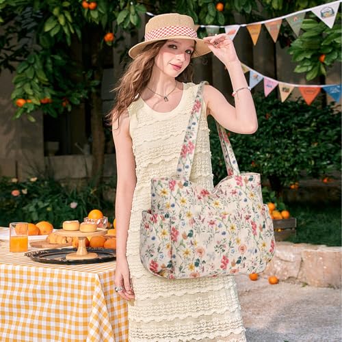 Corduroy Tote Bag for Women,Large Capacity Cute Tote Bags With 6 Pockets,Crossbody Shoulder Handbag for Work Travel Gym - color: Retro Flowers