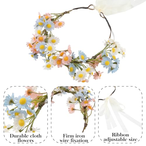 AWAYTR Flower Hippie Floral Crown - Boho Sunflower Headband for Women, Hippie Costume and Hair Accessories (Blue/Pink/White) - color: Blue/Pink/White