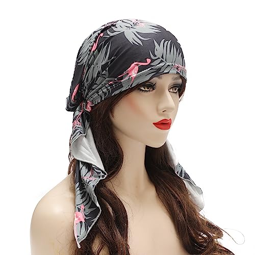 ZLYC Chemo Headwear Pre Tied Head Scarf Headwraps Lightweight Turban Beanie Cap for Women - color: Flamingo Black