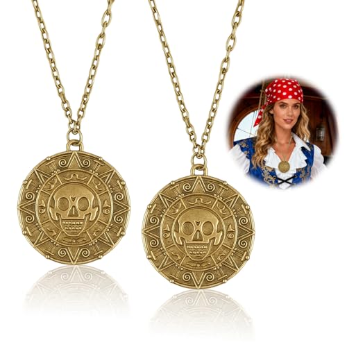 2 PCS Pirate Skull Coin Necklace, Medallion Coin Skull Necklace for Pirate Party Cosplay, Pirates of Halloween Costume Accessories for Women & Men