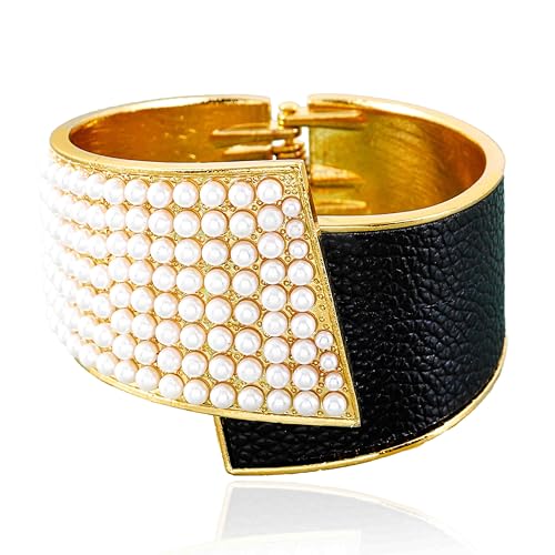 ELABEST Stylish Rhinestone Bracelet Cuff Bracelets Stretch Bracelets Sparkly Hand Chain Wedding Parties Jewelry Accessories for Women - color: Pearl-Black