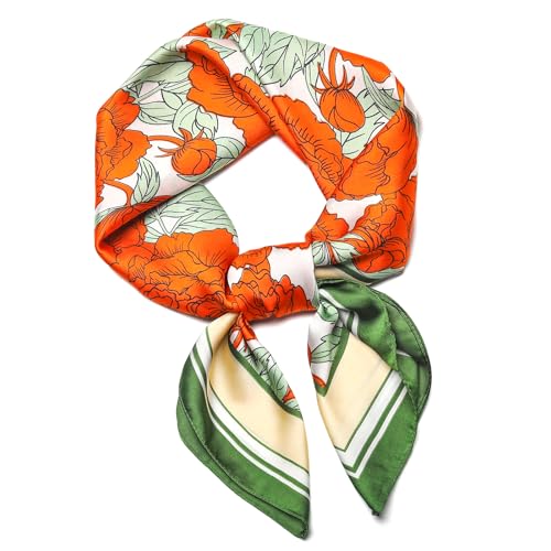 Stlvoll 27.5" Silk Neck Scarf of Women's Fashion Head Scarf Square Neck Satin Scarfs for Bag Hair Scarves Gift - color: Flower/Red/Green