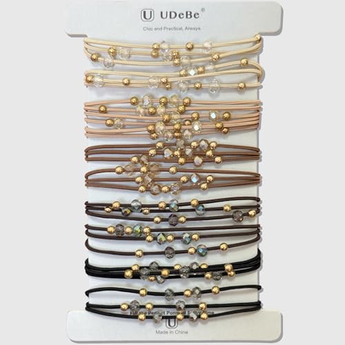 10pcs Brown Hair Ties with Gold & Crystal Beads, Thin Elastic Ponytail Holders for Women - color: Beige, Khaki, Brown, Dark Brown, Black