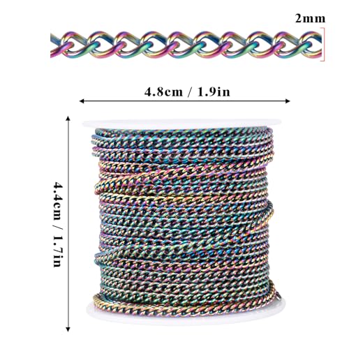 33FT Colorful Stainless Steel Curb Chains Roll, 2mm 304 Stainless Steel Multi Color Flat Twisted Links Curb Chains Bulk Spool for Jewelry Making DIY Craft - color: Colorful, size: 2.0mm width