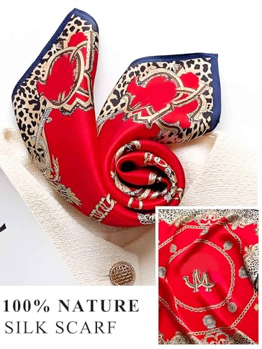 100% Mulberry Silk Scarf for Women Hair Lightweight Square Neckerchief Wrap For Head Scarves 21" - color: 12-red Leopard /21"*21"