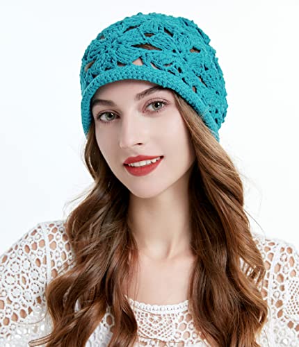 ZLYC Women Cotton Crochet Slouchy Beanie Hat Handmade Knit Summer Skull Cap - color: Crochet Peacock Blue