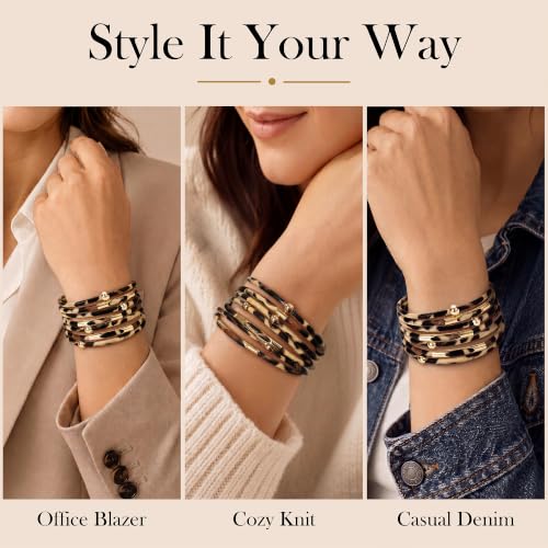 Fesciory Leopard Bracelet for Women, Boho Leather Wrap Multi-Layer Pearl Crystal Bracelet Bangle Jewelry - style: Brown Leopard