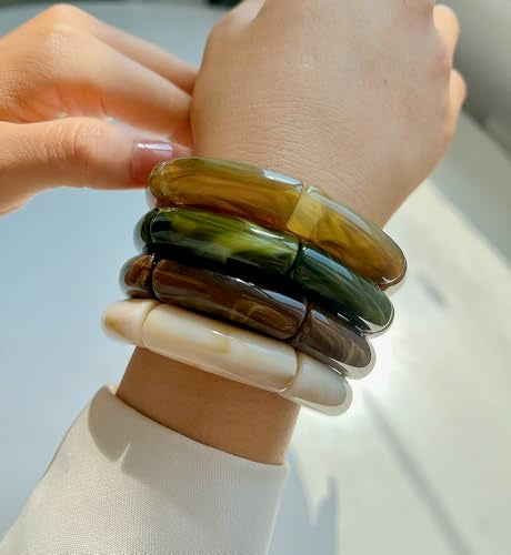 iF YOU 6pcs Chunky Acrylic Bangle Bracelets for Women, Resin Bamboo Brown Stretchy Bracelet Stack, Fashion Jewelry for Women - color: 4pcs-green & brown bracelets