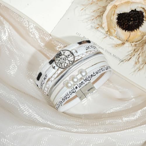 Leather Wrap Bracelet for Women, Boho Cuff Bracelet with Strong Clasp, Multi-Layer Crystal Leather Bracelet for Valentine Mother's Day - color: 02-Tree of Life-White