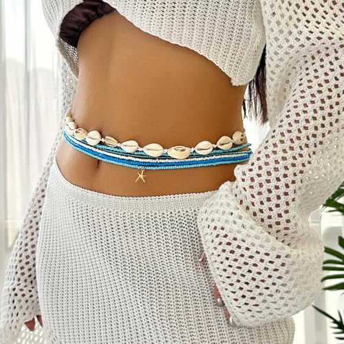 Boho Waist Beads Chains Set Colorful Summer African Belly Chain Elastic Waist Beads for Weight Loss Body Chains Bikini Beads Jewelry for Women - color: Blue 6pcs