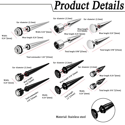 Aroncent 12PCS Stainless Steel Fake Tapers Mens Earrings Illusion Tunnel Cheater Piercing Jewelry Set for Men Women - color: Spike