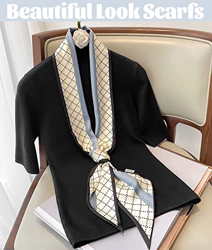 kcctoo 59" Mulberry Silk Like Head Scarf Women's Fashion Square Neck Satin Scarfs for Bag Hair Scarves Gift 59 * 5.9” - color: I05-blue Black /Plaid