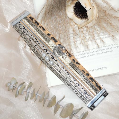 Leather Wrap Bracelet for Women, Boho Cuff Bracelet with Strong Clasp, Multi-Layer Crystal Leather Bracelet for Valentine Mother's Day - color: 02-Tree of Life-Leopard)