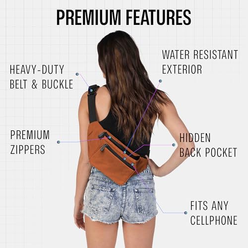 Brown Fanny Pack Belt bag - Crossbody Waist Bag for Men or Women - Hands-Free, Waterproof Large Bumbag for Hiking, Running, and Travel - color: Brown Classic