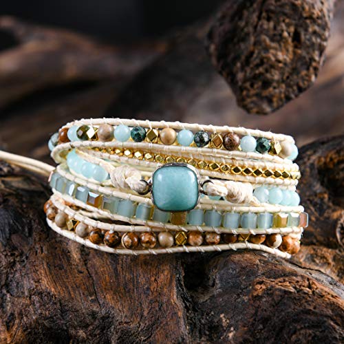 YGLINE Natural Stone Beaded Healing Wax String 5 Wraps Bracelets - color: Amazonite