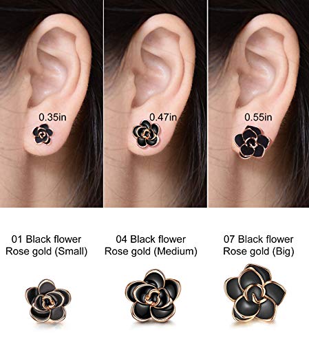 AllenCOCO Rose Flower Stud Earrings for Women Sensitive Ears, Hypoallergenic Cute Gold And Silver Rose Flower Earrings Studs for Women Nickel Free - color: Black flower/Rose gold, size: 0.55