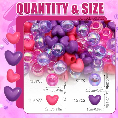 60PCS Heart Hair Beads Purple Hot Pink Loc Bead Valentine's Day Accessories Lovely AB Round Beads for Dreadlock Cute Acrylic Pony Bead for Kids Girls - color: Purple&Hot Pink