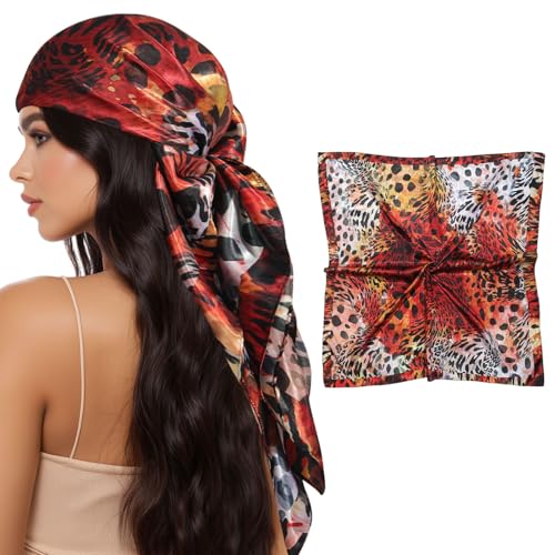 AWAYTR 35” Square Satin Head Scarf Hair Scarf for Women's Hair Silk Bandana for Women Silk Head Wrap for Sleeping - color: Leopard (Reddish Brown)