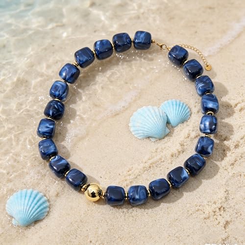 Chunky Beaded Necklace for Women Boho Colorful Statement Choker Necklaces Summer Beach Resin Jewelry Accessories - color: Navy Blue