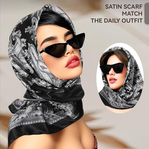 Head Scarf for Women Hair - 2 Pack 35" Square Satin Scarf, Silk Hair Scarf for Women Head Wrap for Sleeping - color: Brown & Black