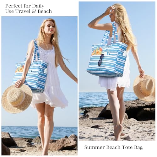 Trifabricy Beach Bags for Women Waterproof Sandproof Women Tote Bag, Large Beach Bag with Zipper for Gym Travel Vocation - color: Haze Blue