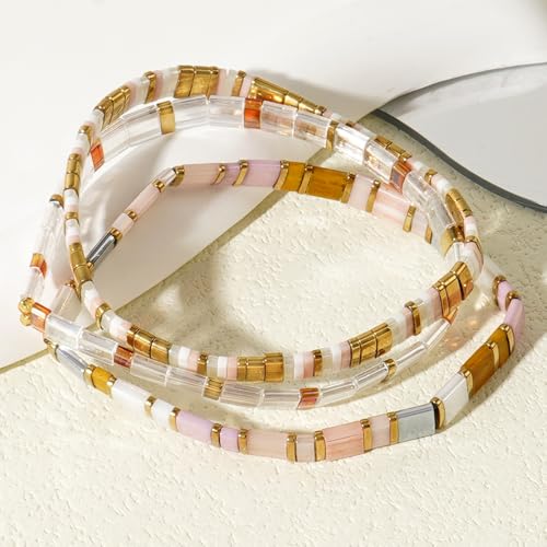 Tila Flat Square Stack Beaded Bracelets Set for Women Men, Boho 3Pcs Romantic Handmade Healing Gold Colorful Stretch Accessories Jewelry, Daily Vacation Party Holiday Friendship Gift - color: Light Pink
