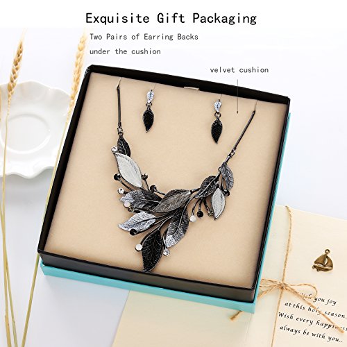 AMYJANE Vintage Statement Jewelry Set - Spring Leaf Flower Floral Plant Necklace Earring Set Crystal Rhinestone Fashion Costume Jewelry for Women Prom Party Unique Gift - style: Grey Leaves Jewelry Set