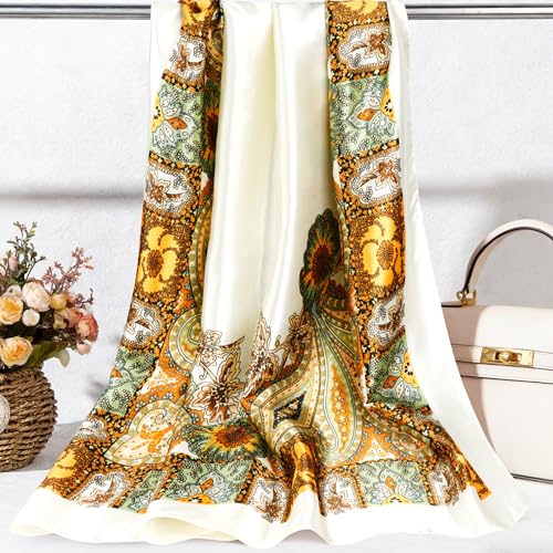 Pistha Head Scarf Bandana for Women, Satin Scarf for Hair, Large Square Silk Bandana Headscarf for Women and Men 35 Inch - style: Classic-beige