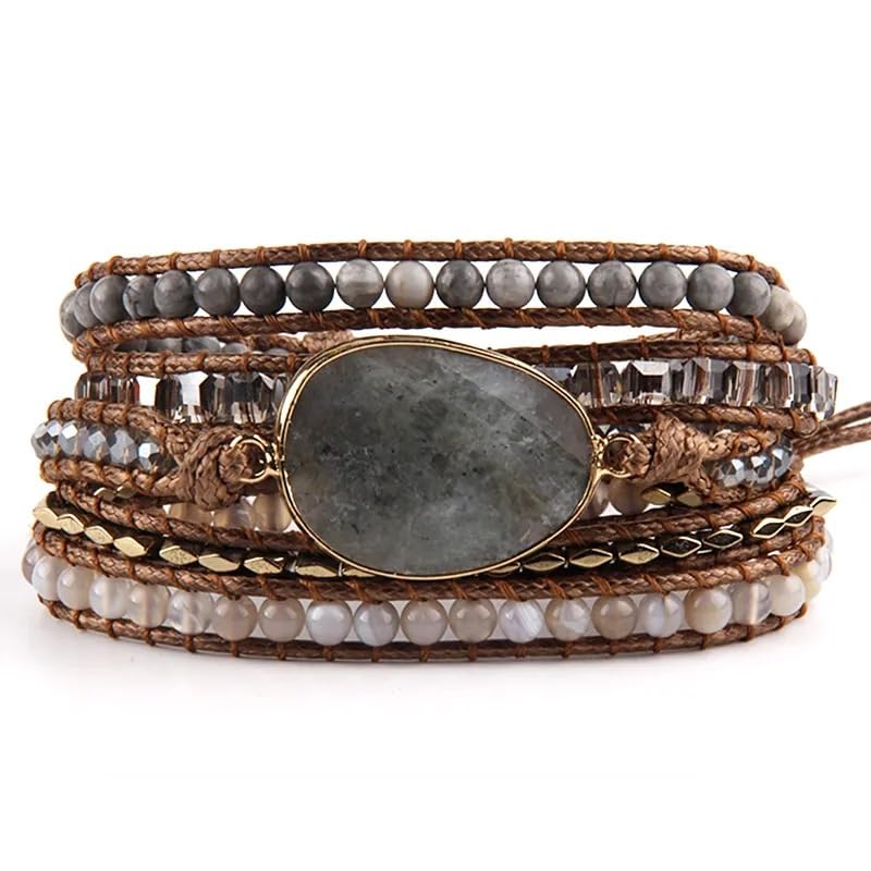Women Wrap Bracelet Boho Natural Jasper Crystal Stone Beads Strand Bracelets - color: Gray