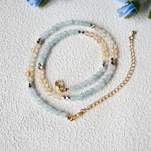 ZANNAH Gemstone Beaded Necklaces for Women - Boho Style Essential Necklace 15" + 3.14" Extender, Cute and Trendy Choker, Natural Stone Handmade Jewelry, Thoughtful Gifts for Women - color: Blue - Aquamarine