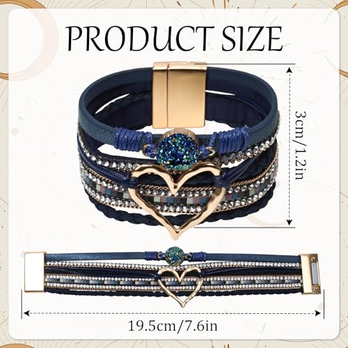 Leather Wrap Bracelet for Women, Boho Cuff Bracelet with Strong Clasp, Multi-Layer Crystal Leather Bracelet for Valentine Mother's Day - color: 01-Heart-Dark Blue