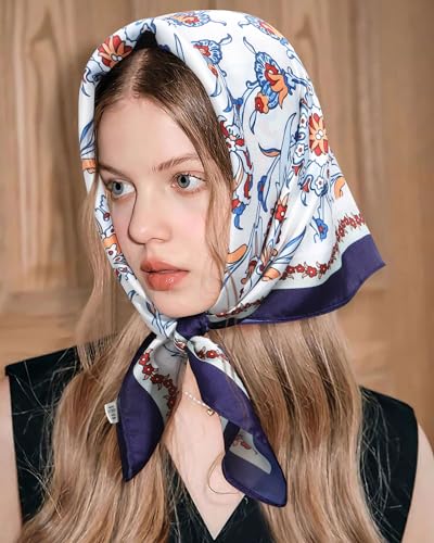 AWAYTR 27.5” Square Satin Head Scarf Hair Scarf for Women's Hair Silk Bandana for Women Silk Head Wrap for Sleeping - color: Flower (Dark Blue + White)