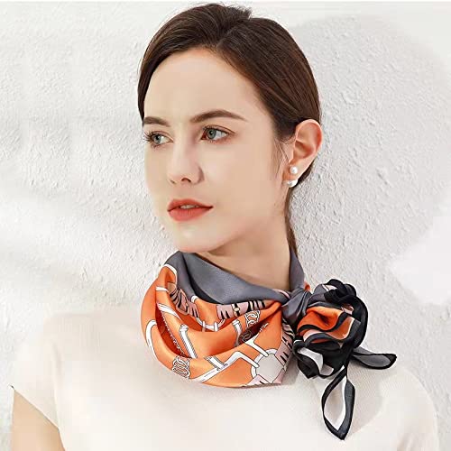 ANDANTINO 100% Mulberry Silk Scarf -21” Square Neckerchief with Gift Packed - color: Belts-orange-grayish Blue