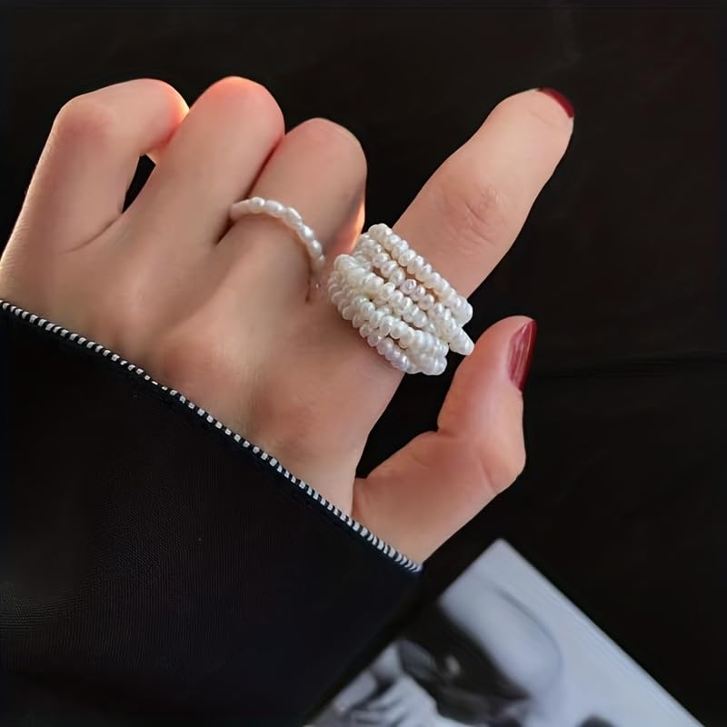 ZFAIRY 18K Gold Natural Freshwater Pearl Ring, Multi-Layer Baroque Rice Pearl Design, Hand-Woven Adjustable Statement Ring for Men and Women