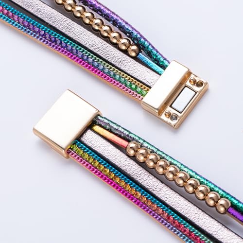 FANCY SHINY Boho Leather Wrap Bracelet Stackable Infinity Chunky Cuff Bracelets Western Hippie Outfits Jewelry Valentine Gifts for Women - color: Rainbow