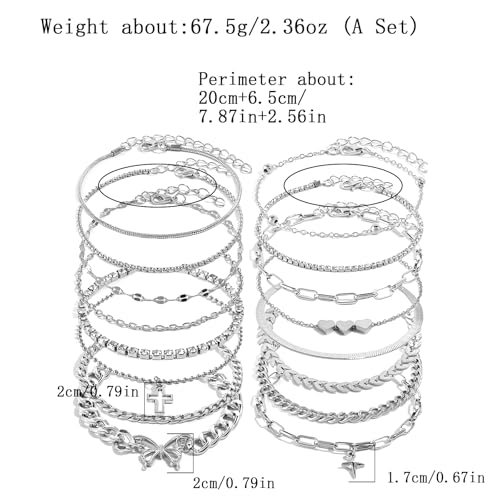 16 Pcs Gold/Silver Anklet Bracelets for Women Cuban chain Heart-shaped Beads Layered Adjustable Size Beach Daily Party - color: silver