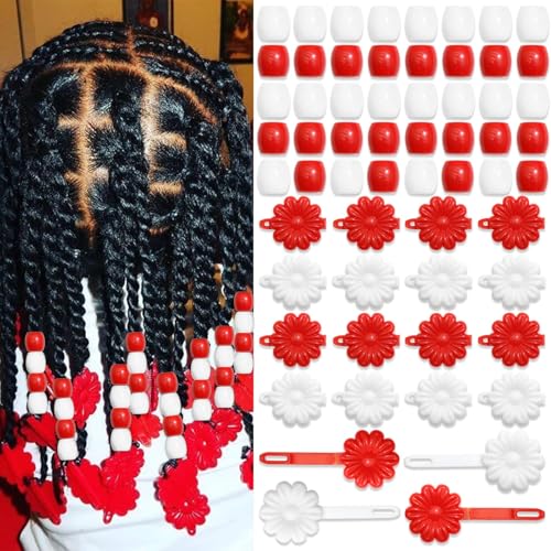 60PCS Red&White Loc Beads Hair Jewelry for Braids Cute Acrylic Dreadlocks Bead Flower Self Hinge Hair Barrettes Kids Girls Hair Clips Decoration Accessories - color: Red&White