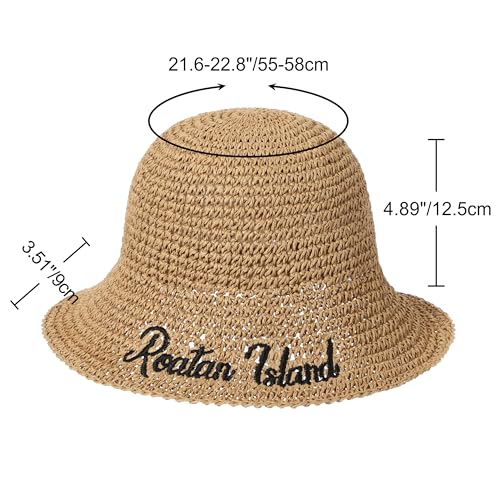 Womens Sun Hat Handmade Crochet Straw Bucket for Summer Foldable Travel Cap - color: Khaki 2