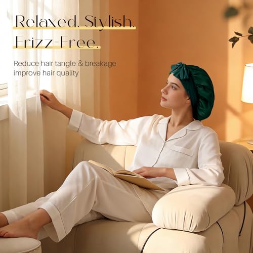 ZIMASILK 100% Mulberry Silk Bonnet for Sleeping Women Long Hair Double Layer Silk Hair Wrap with Tie Band Stay On Head (1Pc, Blackish Green) - color: Blackish Green
