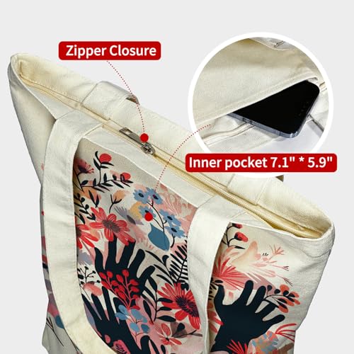 itgowisa Canvas Tote Bag for Women, Tote Bag with Zipper Inner Pocket, Zippered Canvas Bag for Shopping Work Grocery Everyday - style: Flowers