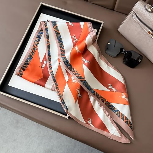 Hair Scarf for Women - 53"x5.3" Purse Scarf, Extra Long Satin Wrap, Versatile Belt & Boho Neck Accessory - color: Orange Horse